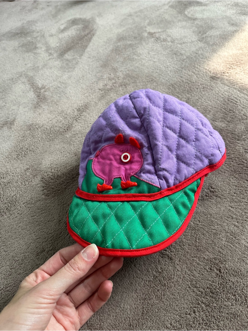 Kids Quilted Purple and Green Cap with Pink Dino Accent